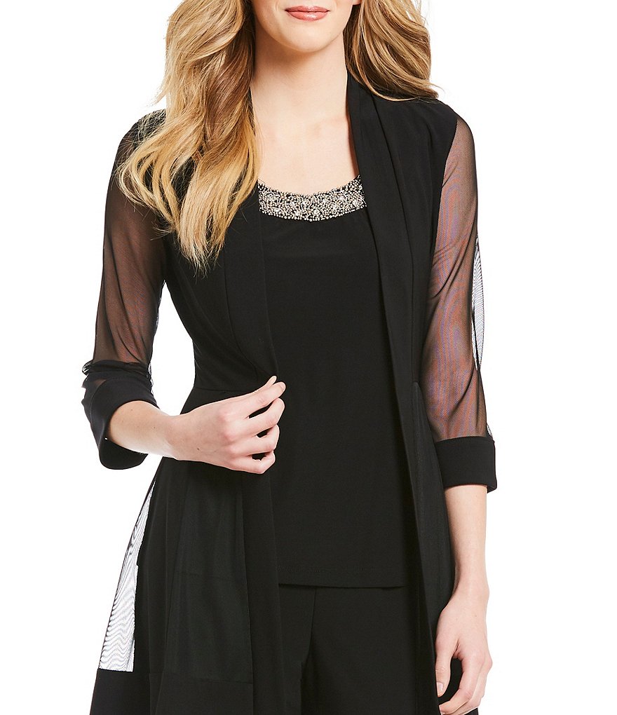 R&M Richards Mock 3-Piece Stretch Beaded-Neck Pant Set