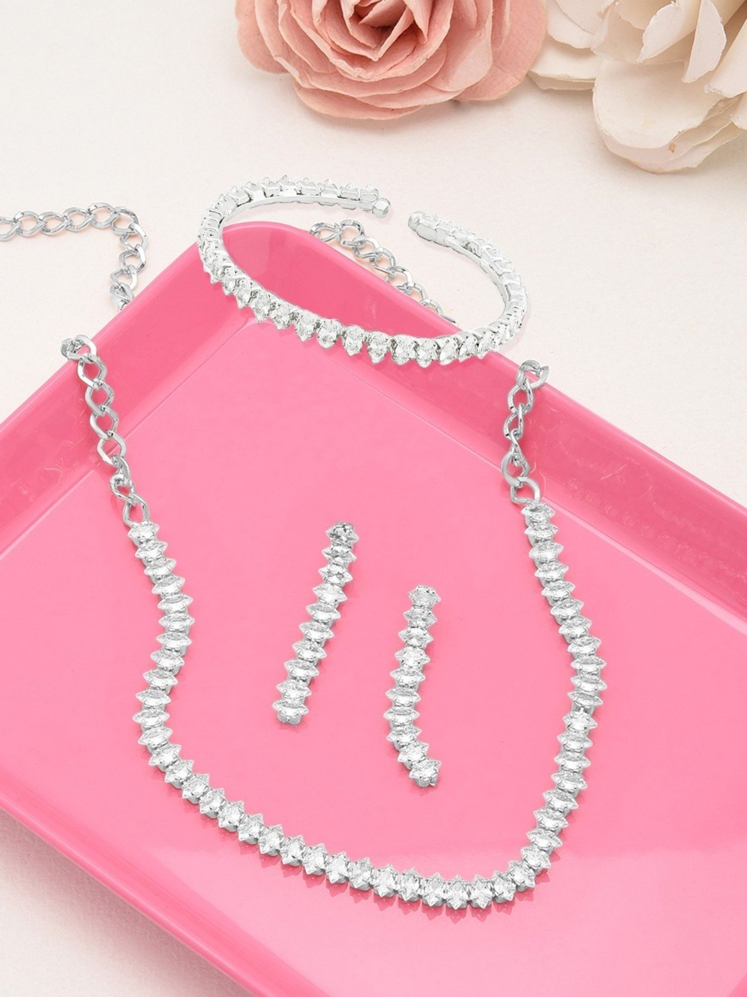 Zaveri Pearls Silver Tone Marquise Shaped Cubic Zirconia Necklace, Earring & Bracelet Set