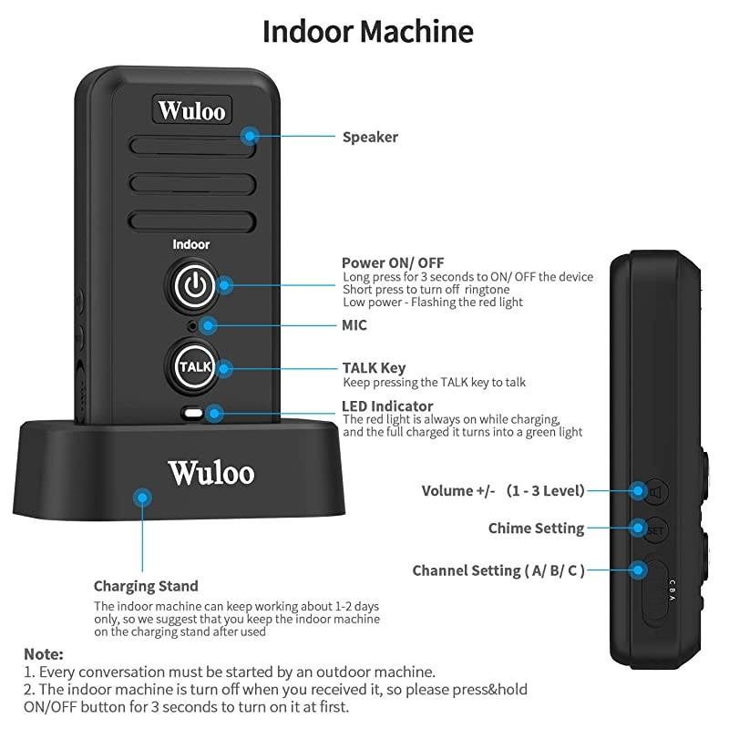 Wireless Intercom Doorbells for Home Classroom, Intercomunicador Waterproof Electronic Doorbell Chime with 1/2 Mile Range 3 Volume Levels Rechargeable Battery Including Mute Mode(Black, 2&2)