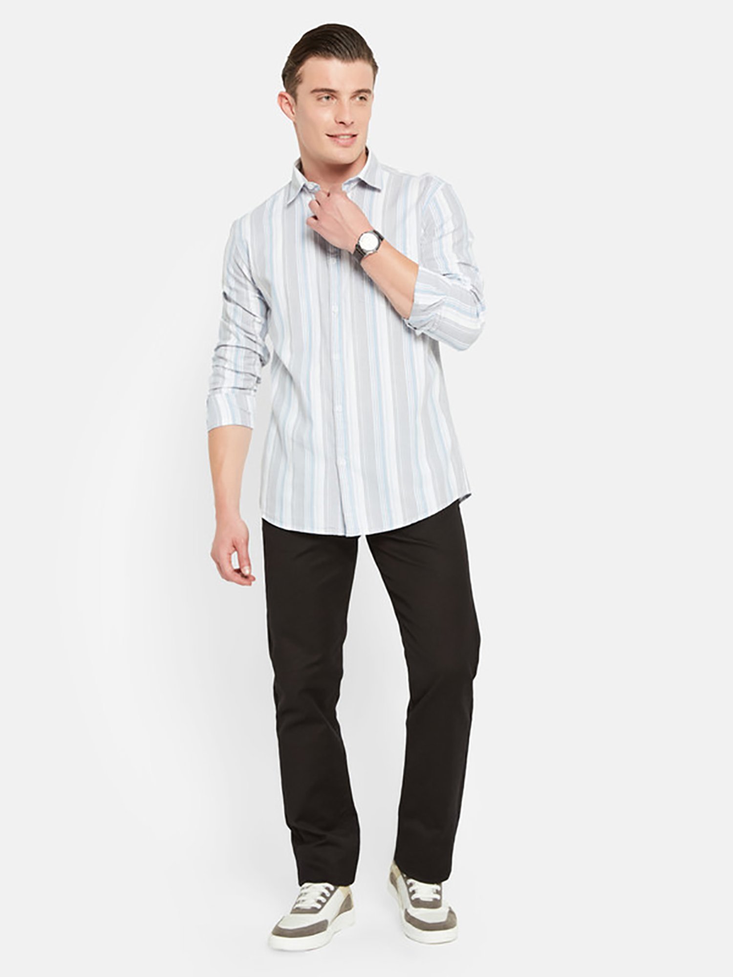 METTLE Grey Regular Fit Striped Shirt