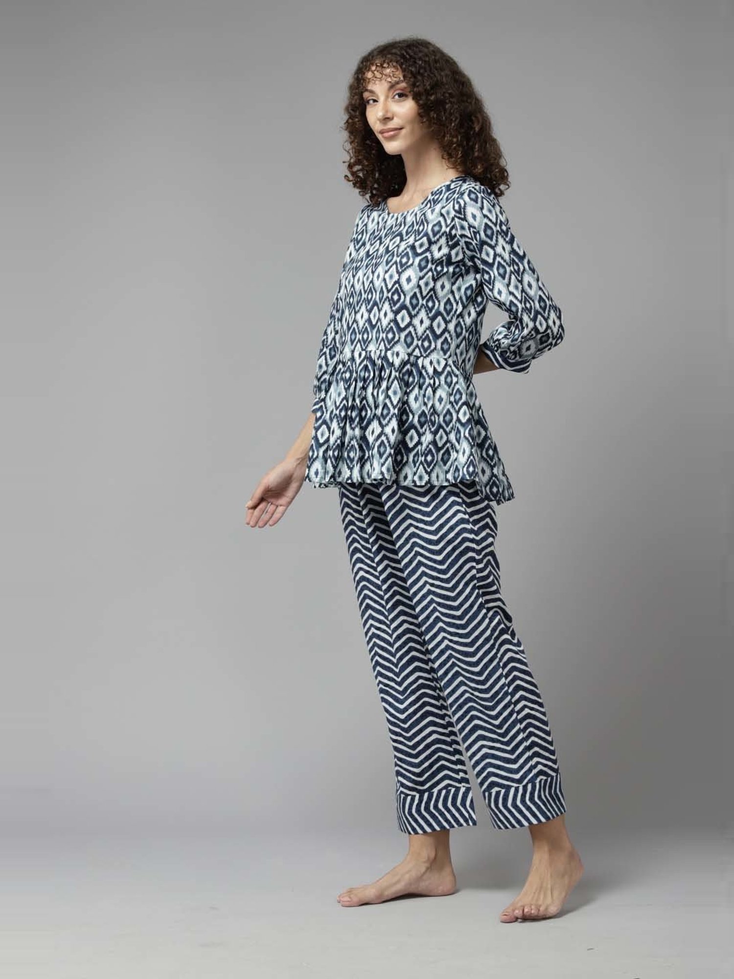 Prakrti Blue Cotton Printed Top Pant Set