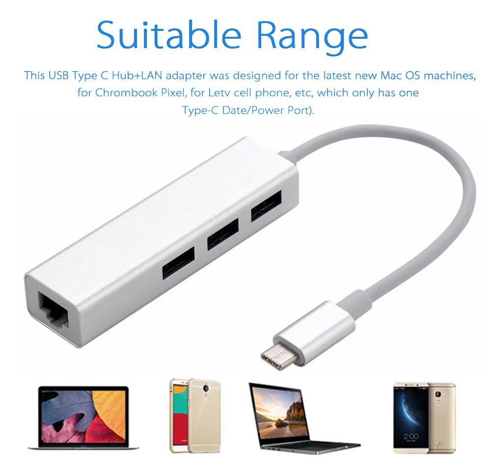 4 in 1 USB C HUB with Gigabit RJ45 3 x USB 3.0 HUB, Type-C Transfer Cable 3 USB3.0 Ports HUB 1000Mbps Free Drive Network Card, Type-C to 1000M LAN 3 x USB 3.0 Dongle.