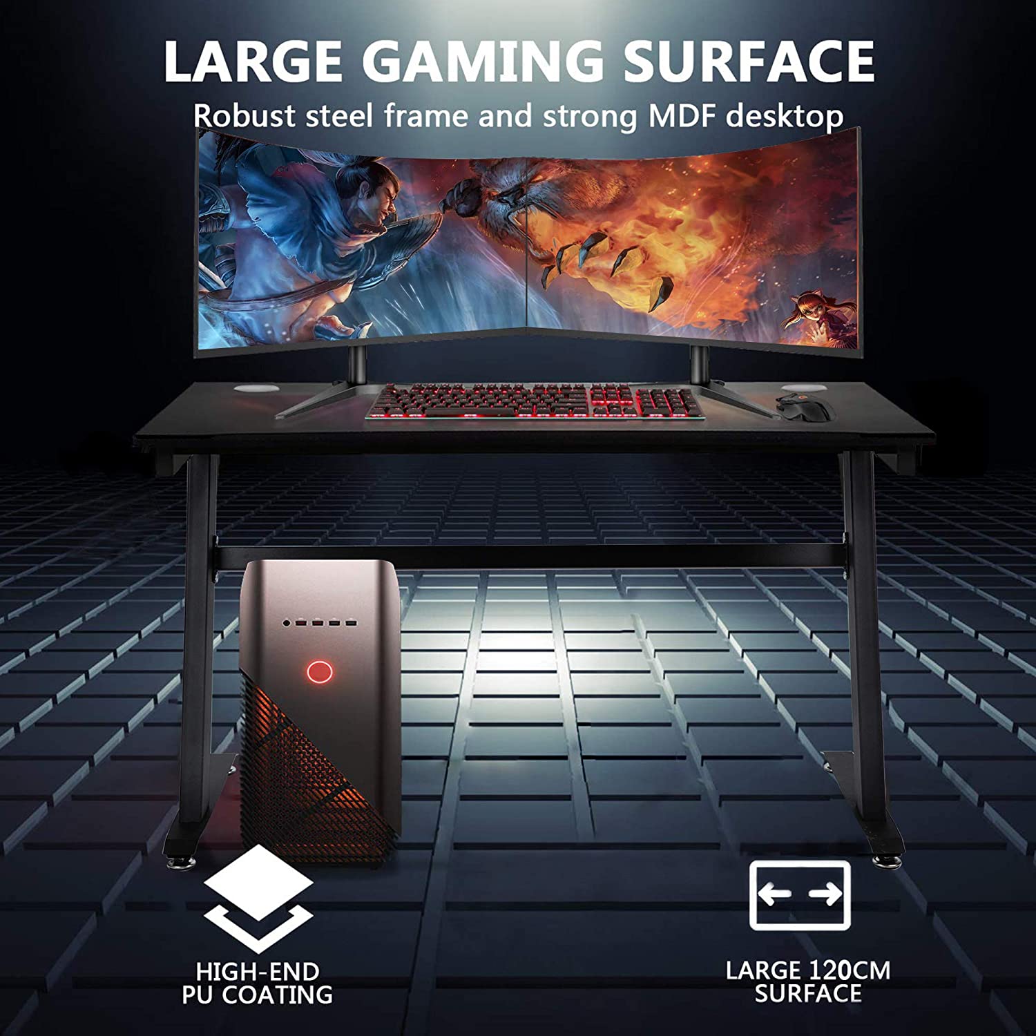 Hannord Gaming Desk, 47.2" W x 23.6" D Office Computer Table, Black Gamer Workstation with 2 Cable Management Holes