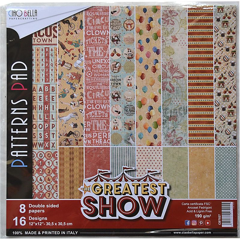Ciao Bella Double-Sided Paper Pack 90lb 12"X12" 8/Pkg-Greatest Show, 8 Designs/1 Each