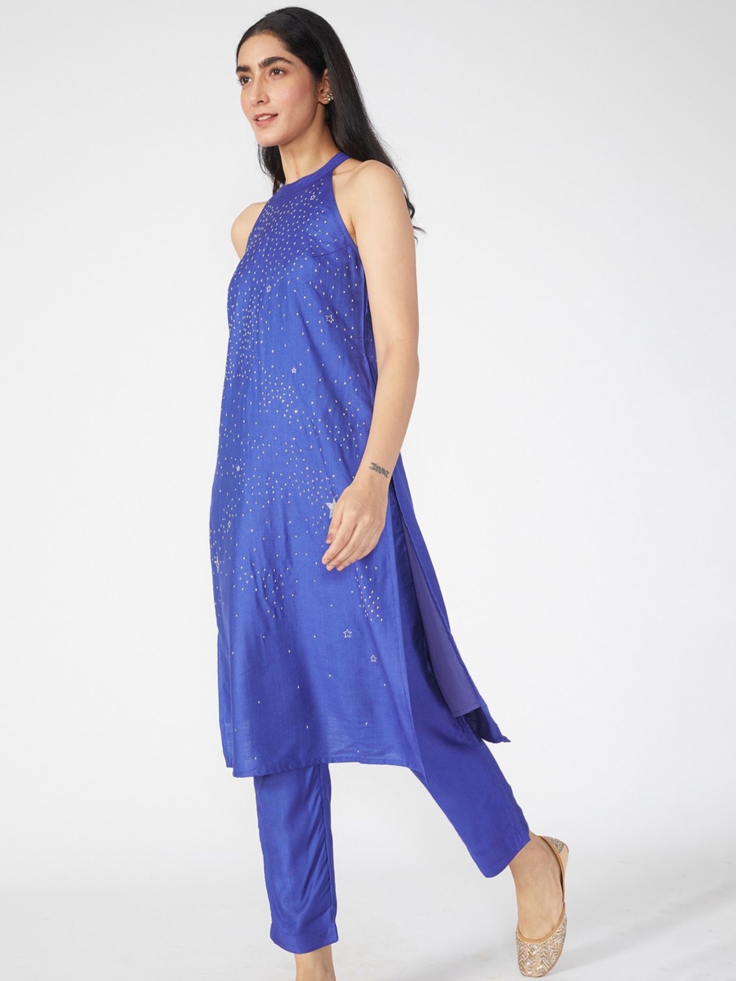 Okhai Blue Embroidered Kurta & Pant With Dupatta Set