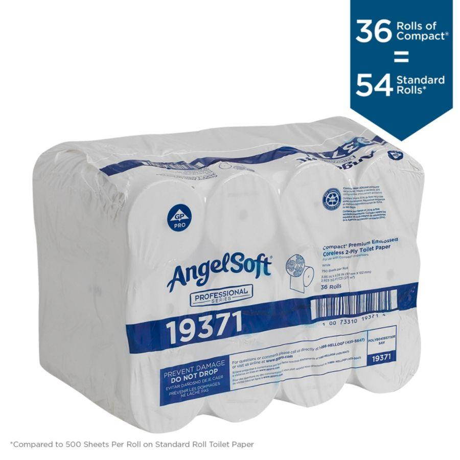 Angel Soft ps&reg; Compact&reg; Coreless 2-Ply Premium Embossed Bathroom Tissue, 750 Sheets Per Roll, Case Of 36 Rolls