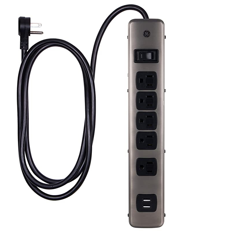 5-Outlet Sur Protector, 2 USB Charr Ports, 3 Prong Power Strip, 1000 Joules, 4 Ft Extension Cord, Flat Plug, Slide-to-Close Safety Outlets, Warranty, UL Listed, Brushed Nickel Design, 30572 BLACK