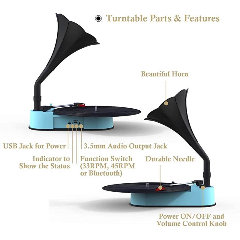 Record Player with Horn Speaker for 3345 RPM RecordsMini Gramophone Supporting Bluetooth Playback Blue