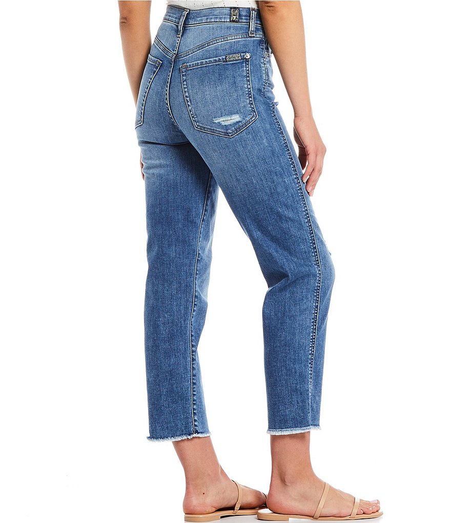 7 for all mankind Exposed Button Fly High Waist Destruction Detail Straight Cropped Jeans