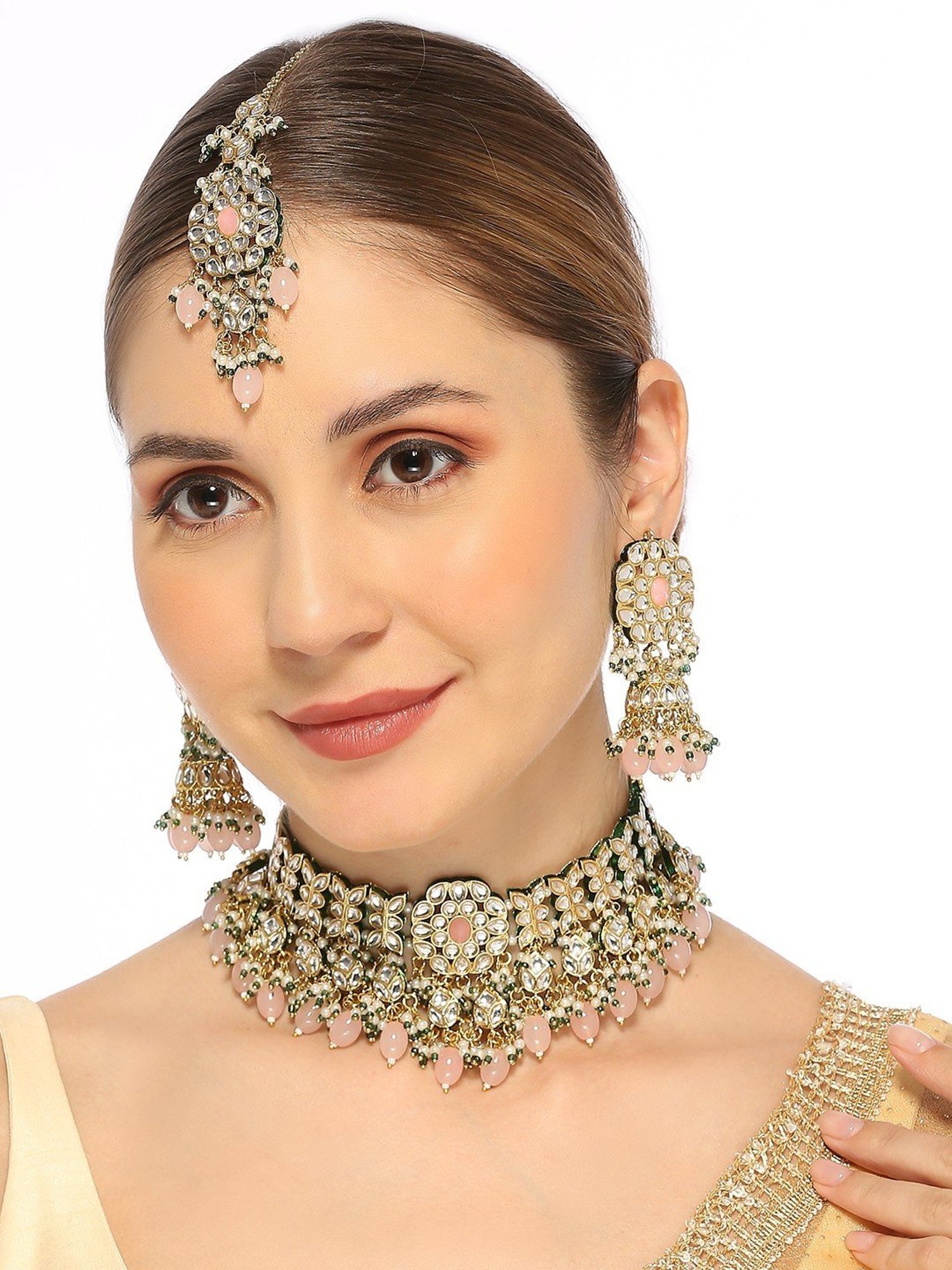 Oomph Pink Jadau Ethnic Necklace, Earring & MaangTikka Set