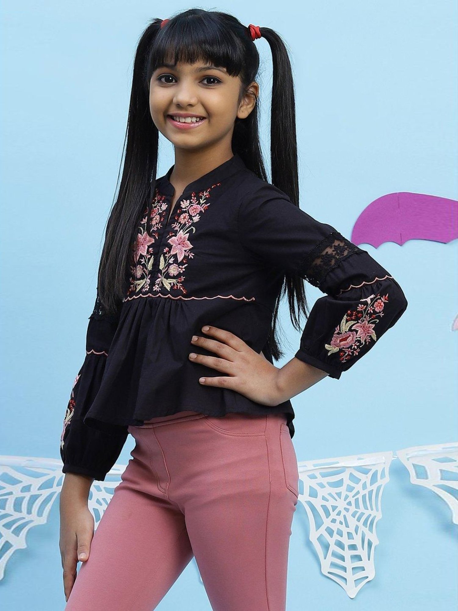 BIBA Girls Black Embroidered Top
