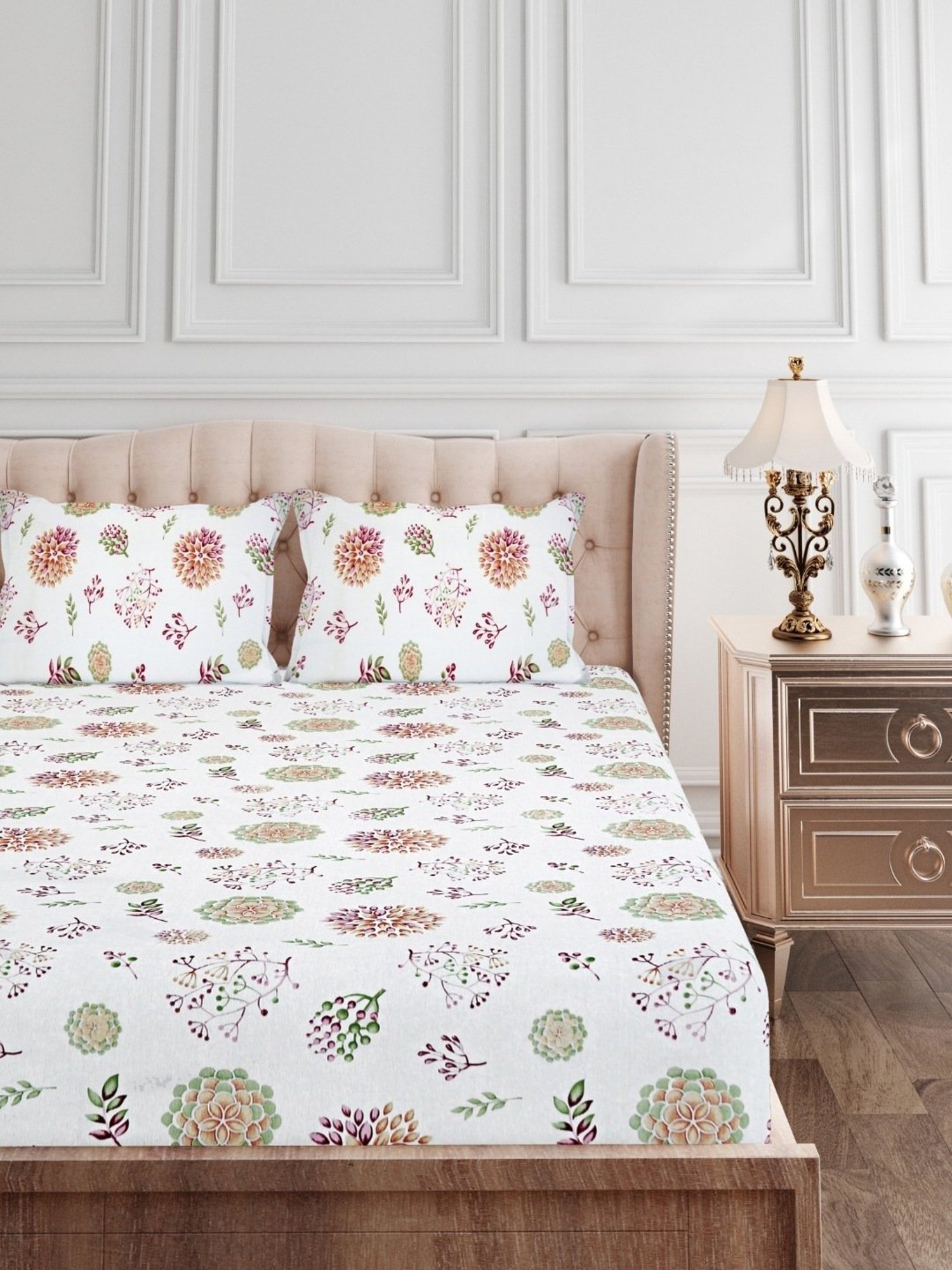 SEJ by Nisha Gupta Floral Green 144 TC Cotton Double Bed Sheet with 2 Pillow Covers