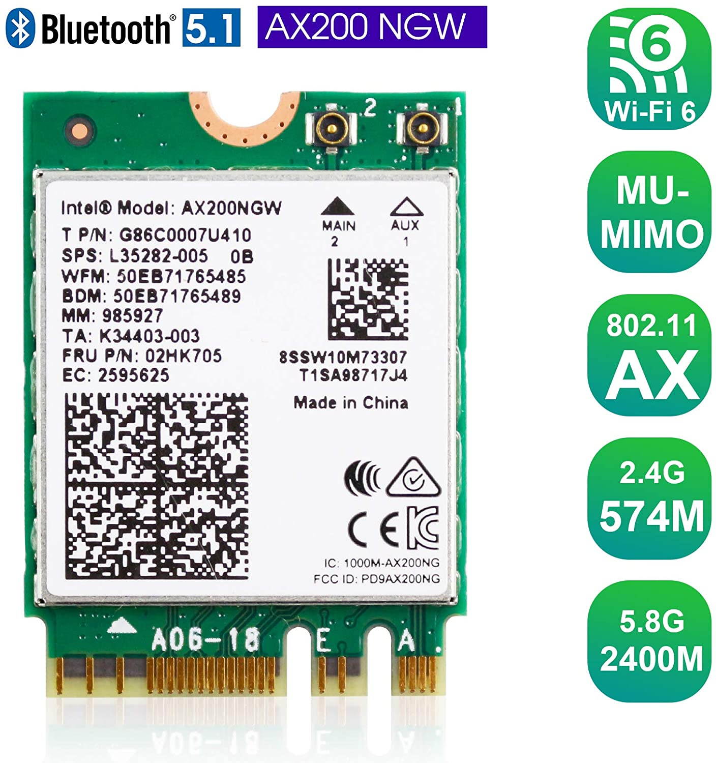 EDUP WiFi 6 M.2 Module AX 3000Mbps Network Adapter with Bluetooth 5.1 Wireless Wi-Fi 6 Card 2.4G/5Ghz 802.11ax MU-MIMO for Laptop PC with Windows 64 bit - Intel Model AX200NGW