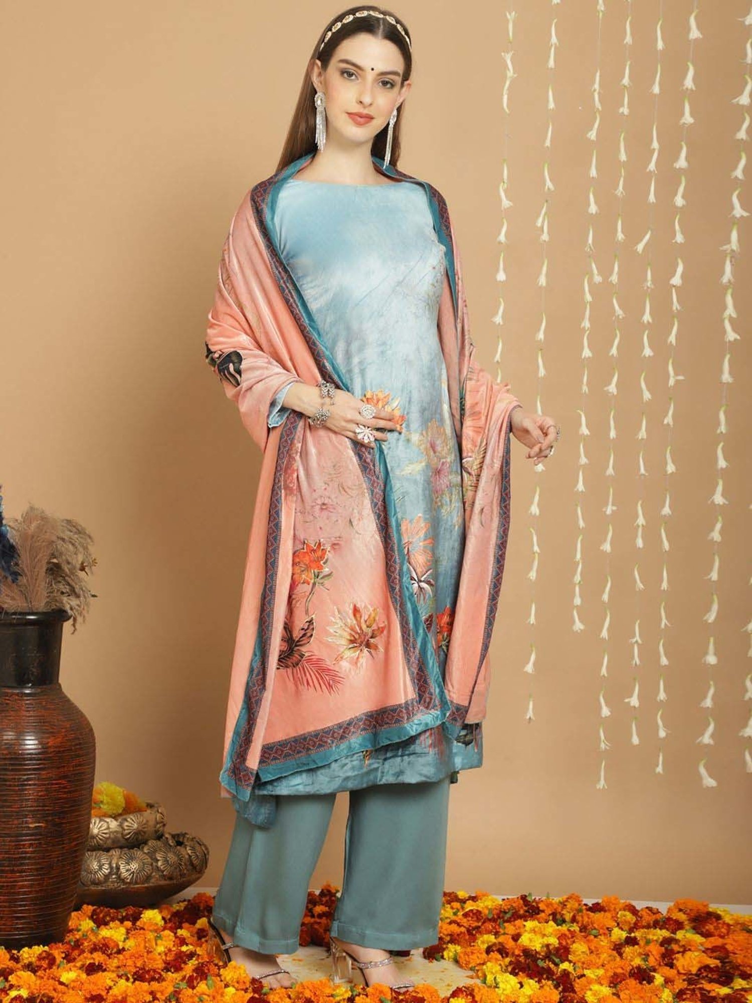 Stylee LIFESTYLE Sky Blue Printed Unstitched Dress Material