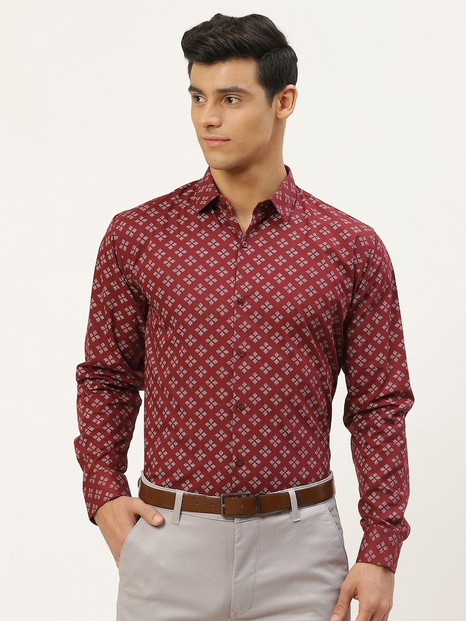 Sojanya Maroon Cotton Regular Fit Printed Shirt