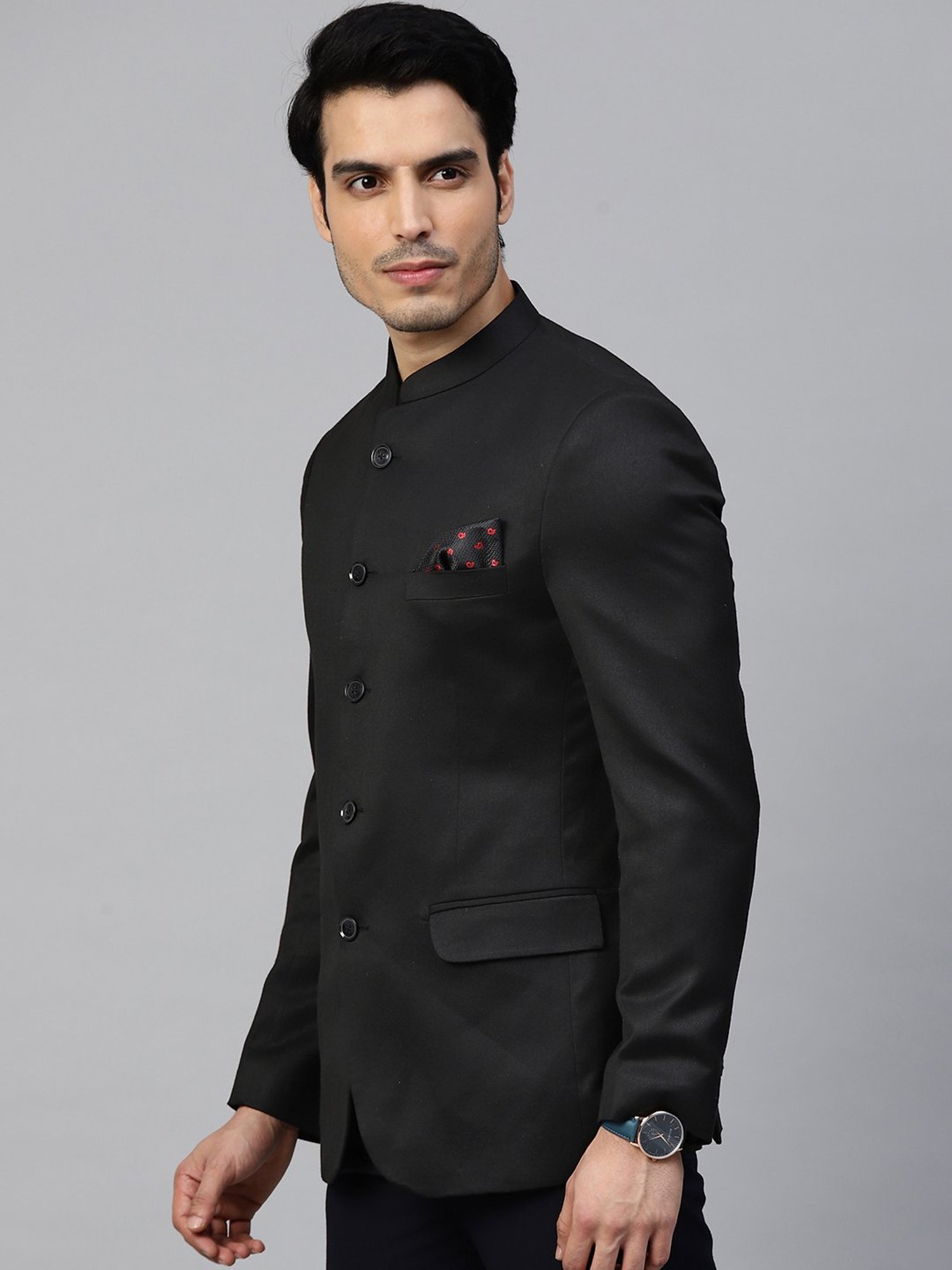 ManQ Black Slim Fit Mandarin Collar Blazer