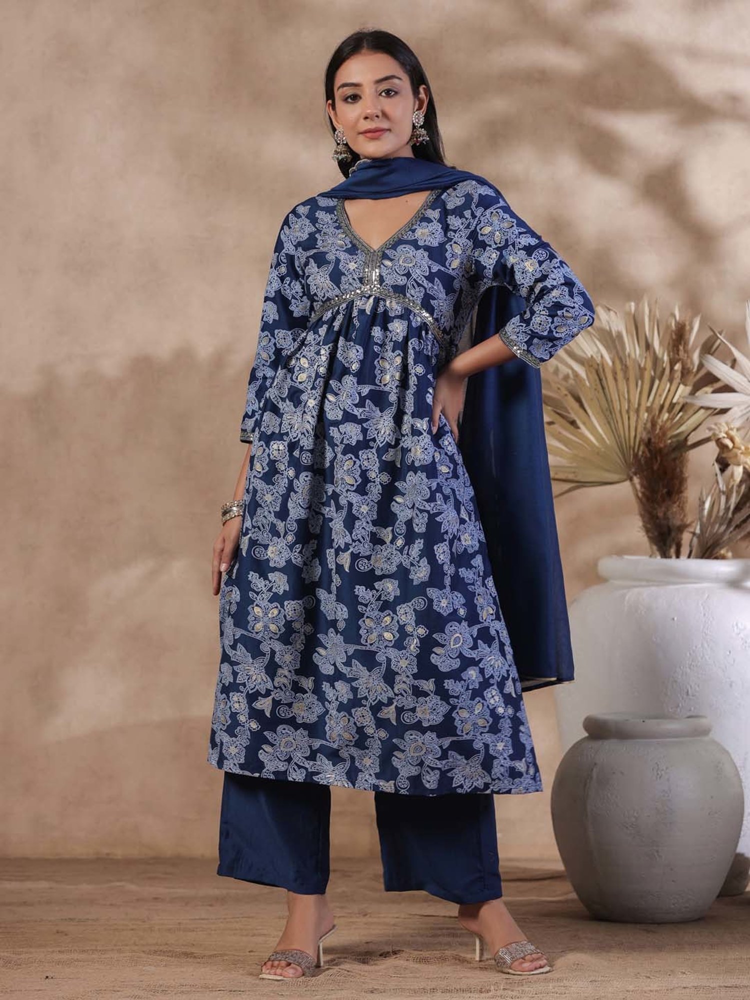 Ishin Navy Printed Kurta With Palazzo & Dupatta