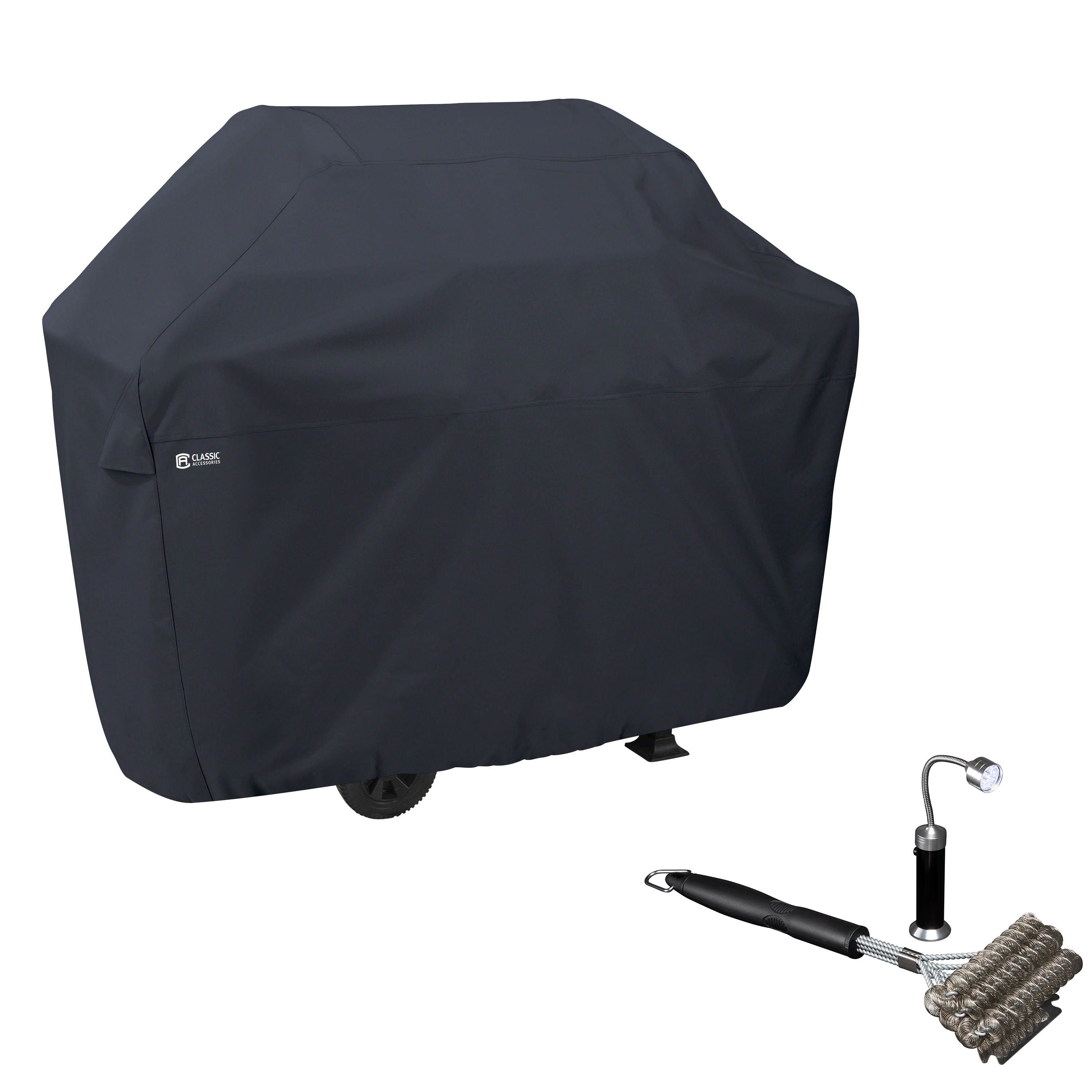 Classic Accessories 55-307-BRUSH-EC BBQ Grill Cover with Coiled Grill Brush & Magnetic LED Light, Black - Large