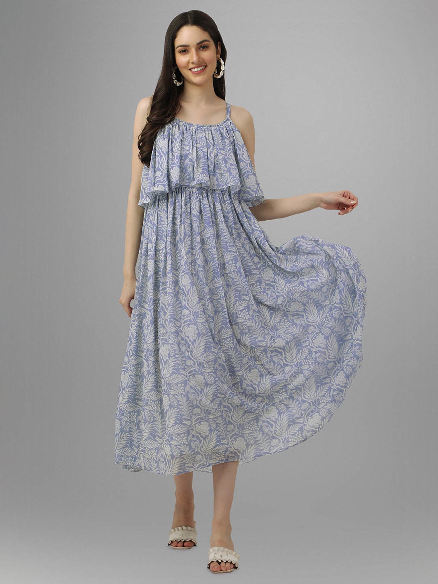 MASAKALI.CO Powder Blue Floral Print Midi Dress