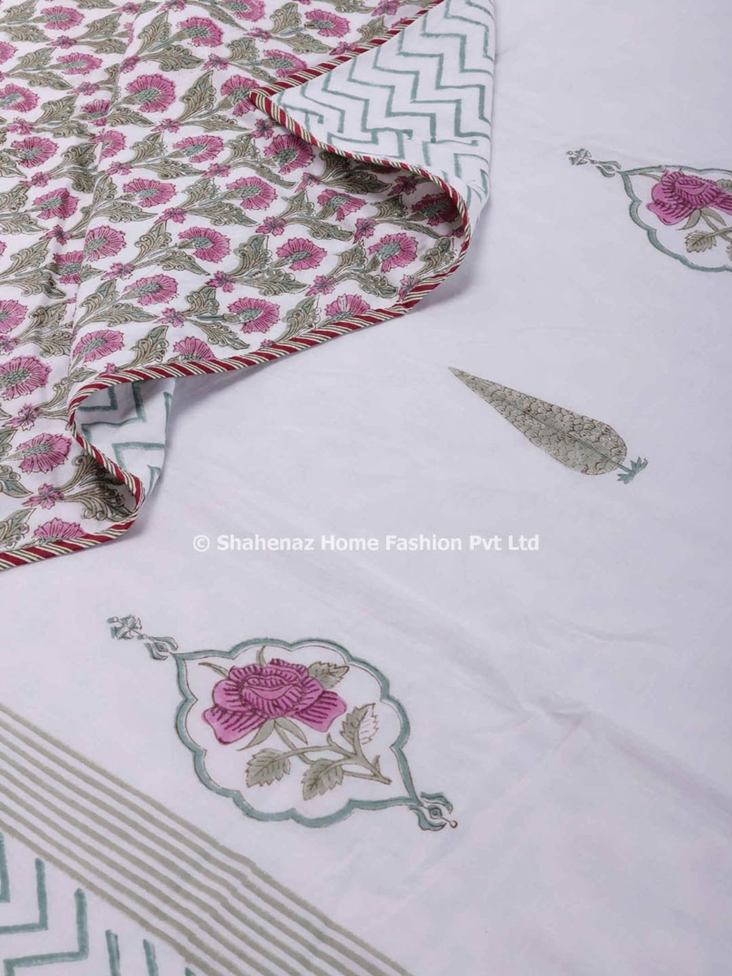 Haus & Kinder Cambric Floral Green & Yellow Cotton Single Reversible Dohar