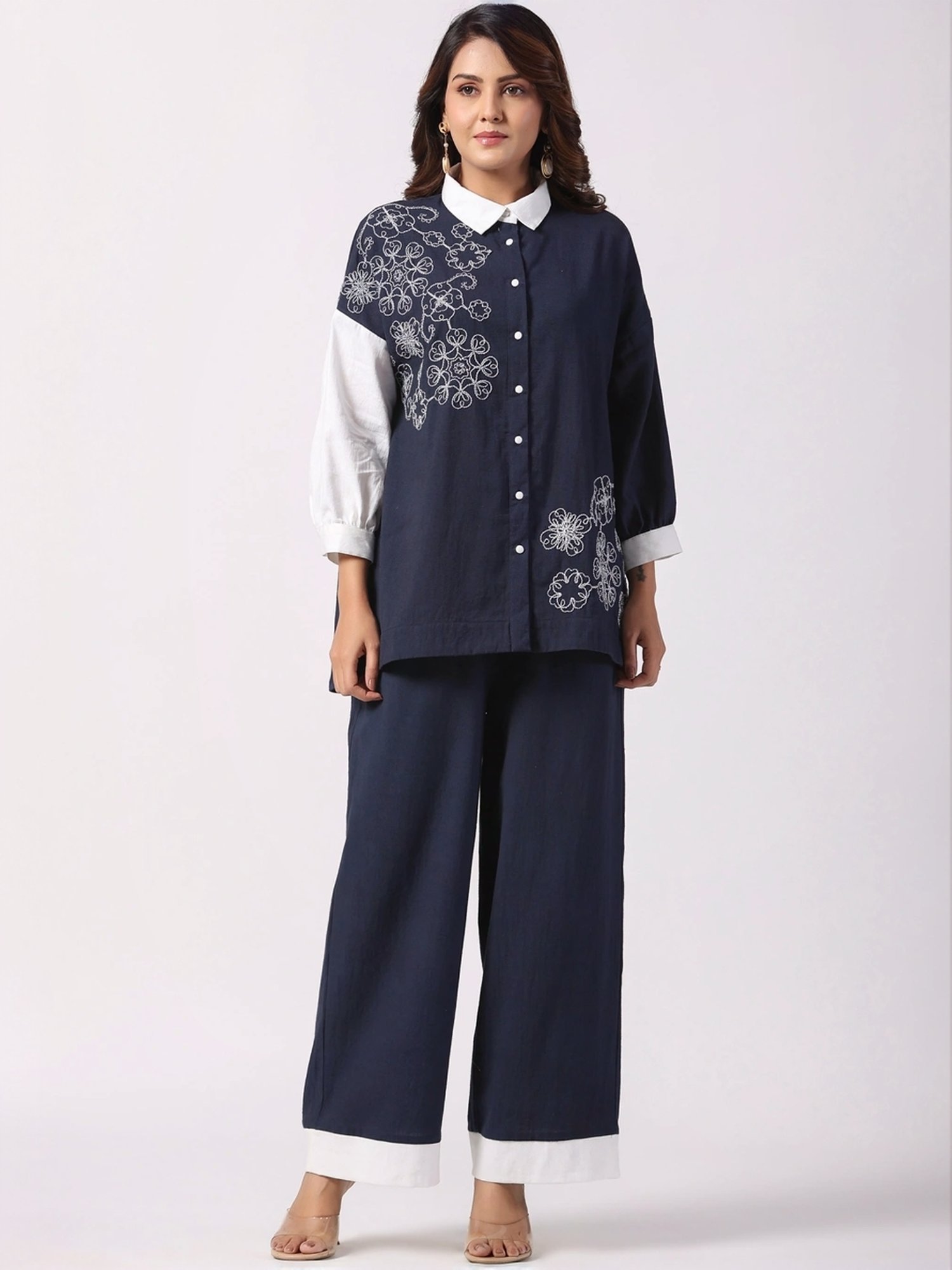 Zolo Label Navy Cotton Embroidered Shirt Palazzo Set