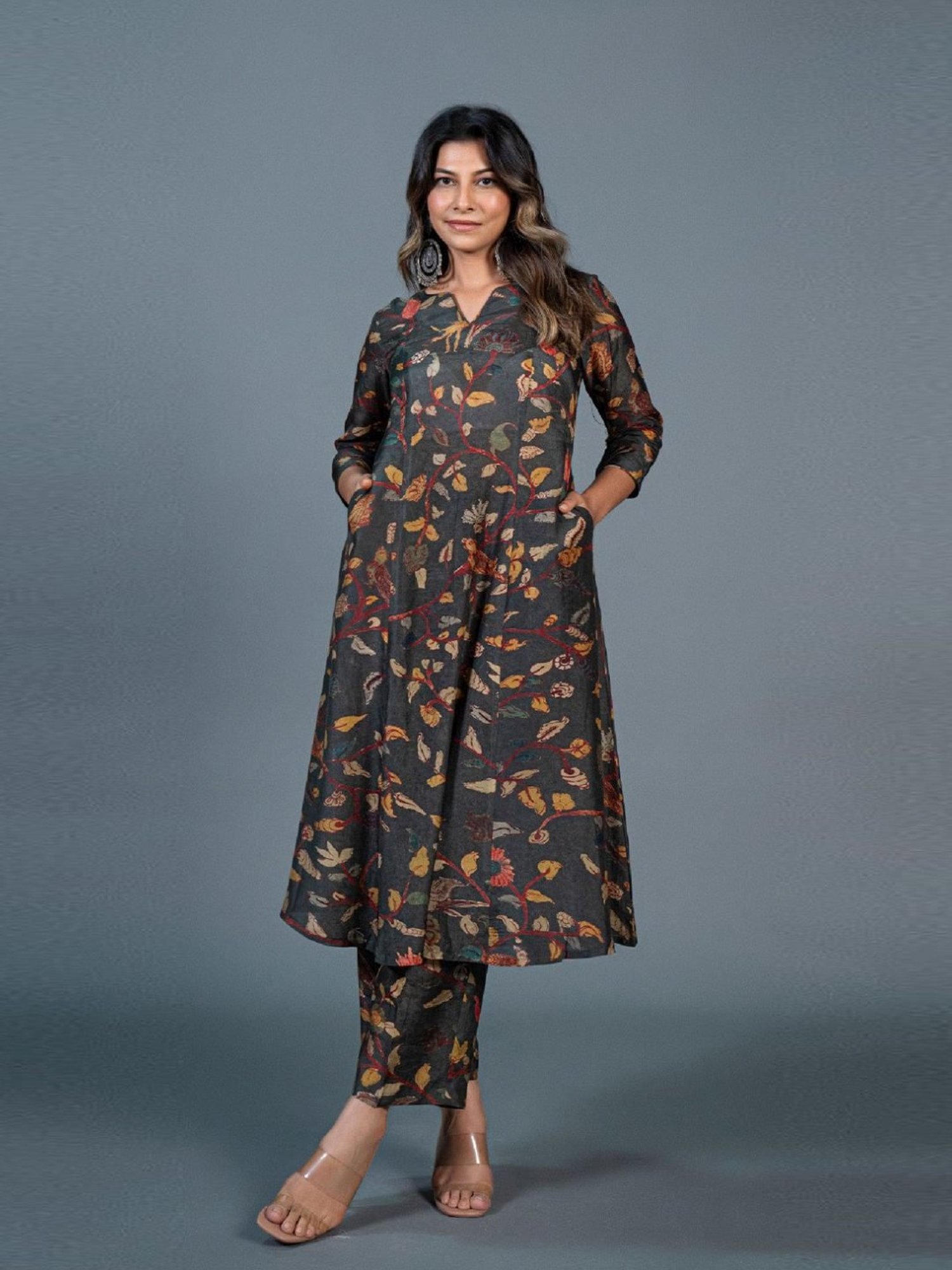 Eeshva India Dark Green Kalamkari Printed Kali Kurta