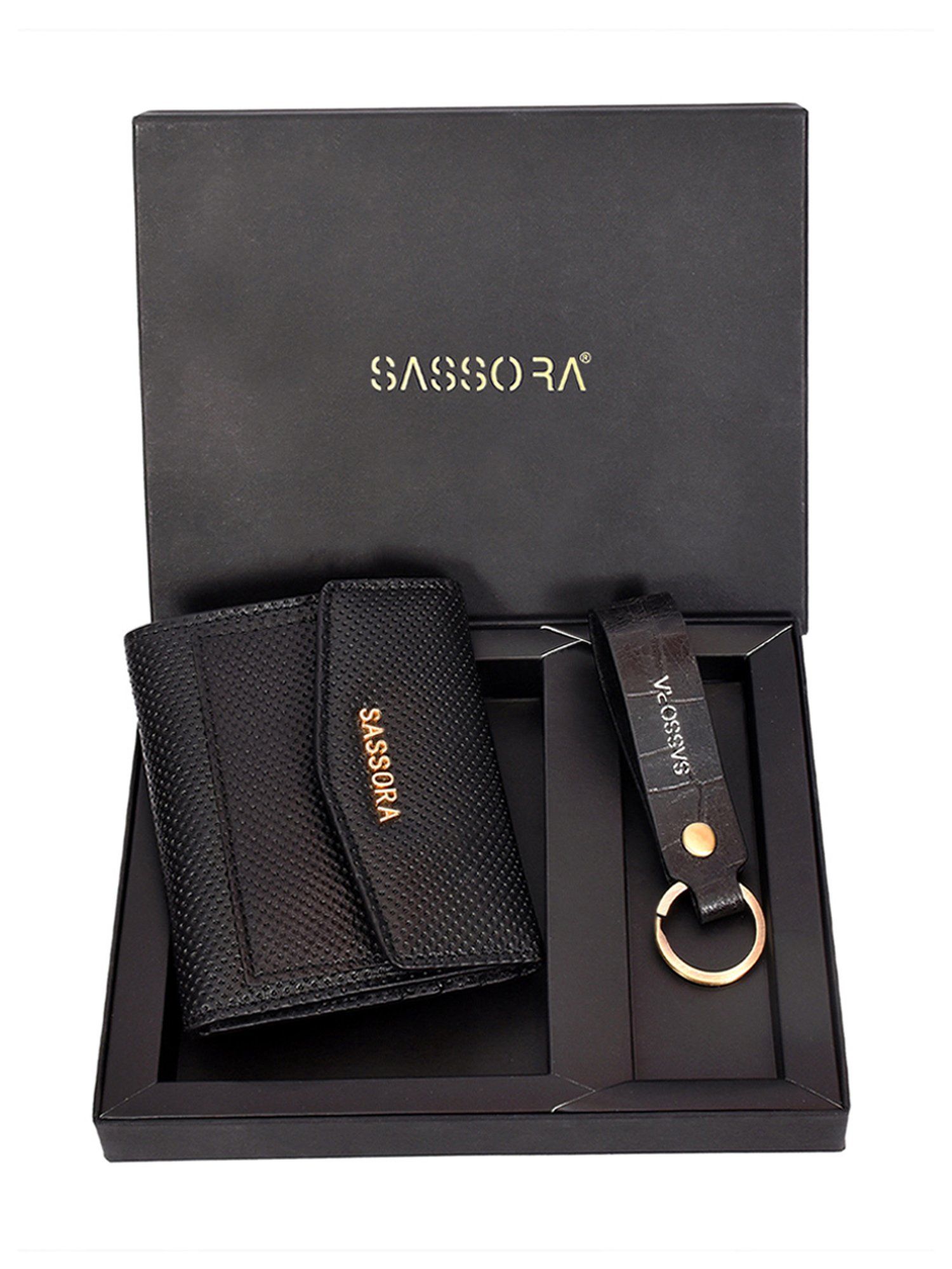 Sassora Black Small Leather Wallet With Keychain Gift Set (Pack Of 2)