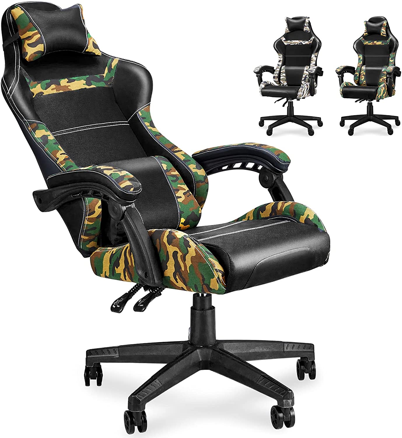 Gaming Chair Camo PC Video Game Chairs Camouflage Office Computer Chair Tall Back with Carbon Fiber Leather Comfortable Adjustable Armrest Headrest and Lumbar Support for Adults/Men/Teens/Kids/Boys