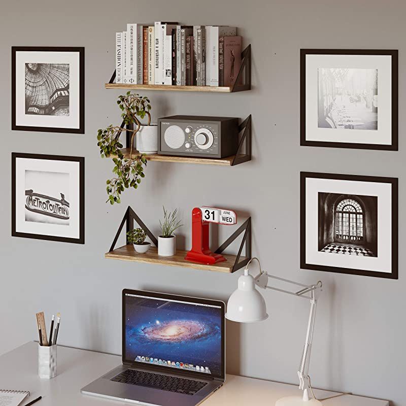 Minori Floating Shelves Set of 3 Small Bookshelf Unit for Living Room Office and Bedroom Natural Burned Rustic Wood Wall Decor with Metal Floating Shelf Bracket