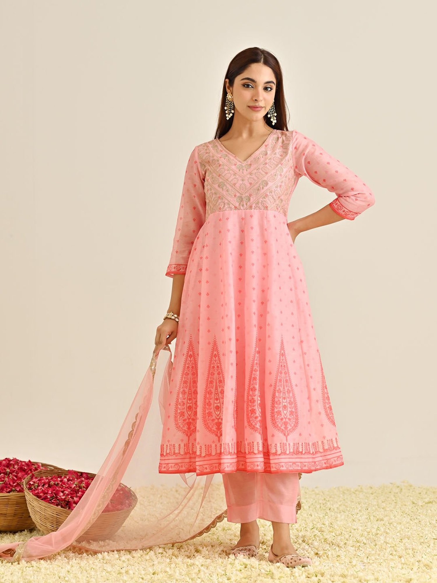 Rustorange Pink Embroidered Kurta With Pant & Dupatta