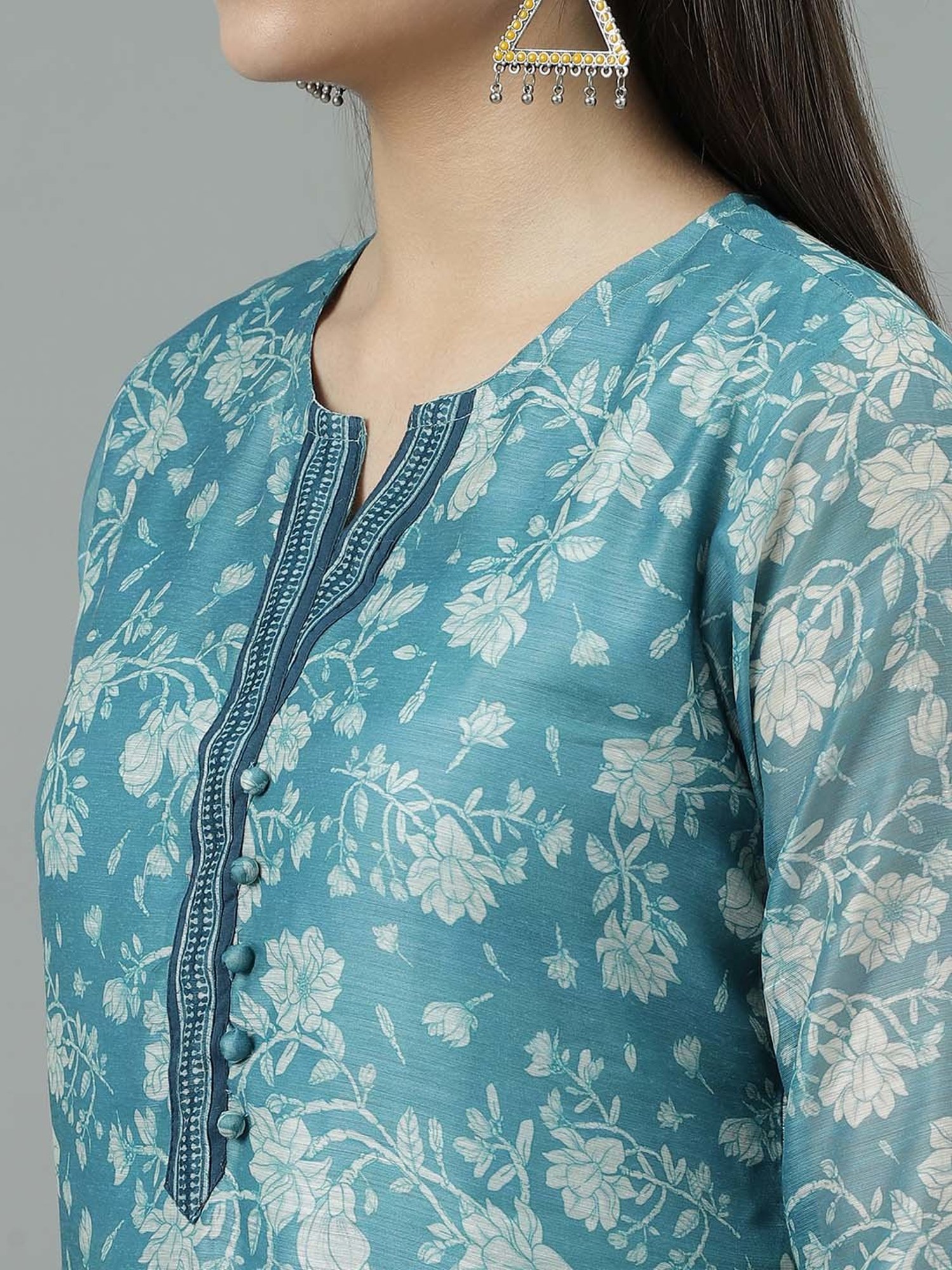 Sringam Blue Floral Print Kurta Pant Set With Dupatta