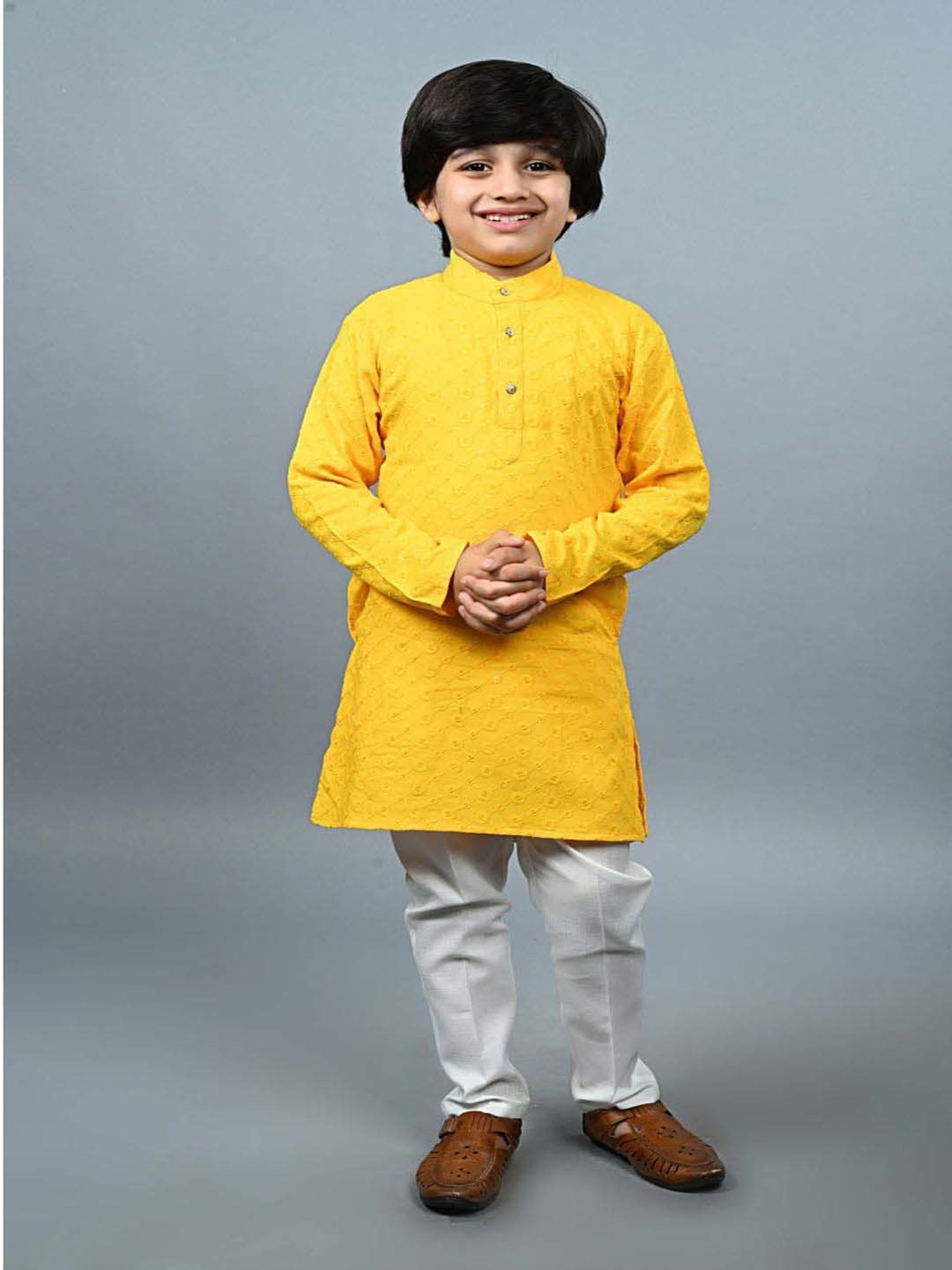 Ahhaaaa Kids Yellow & White Cotton Embroidered Full Sleeves Kurta Set
