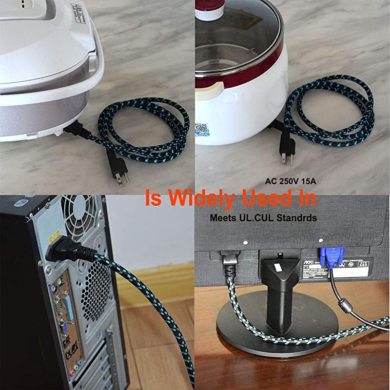 1Pack  16 AWG Heavy Duty 3 Prong Braided Power Cord PC Power Cord Computer Power Cord AC Power Cable in 5 Feet NEMA 515P to IEC C13