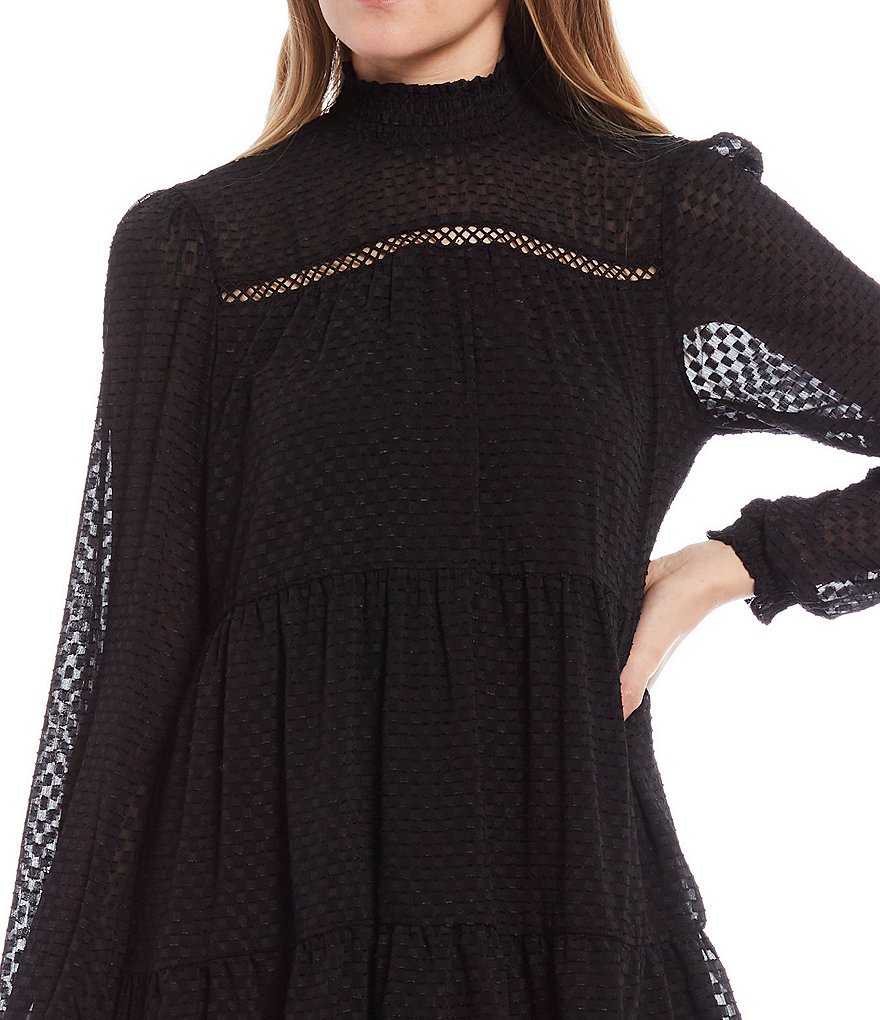 Allison & Kelly Long-Sleeve Mock-Neck Clip-Dot Chiffon Shift Dress