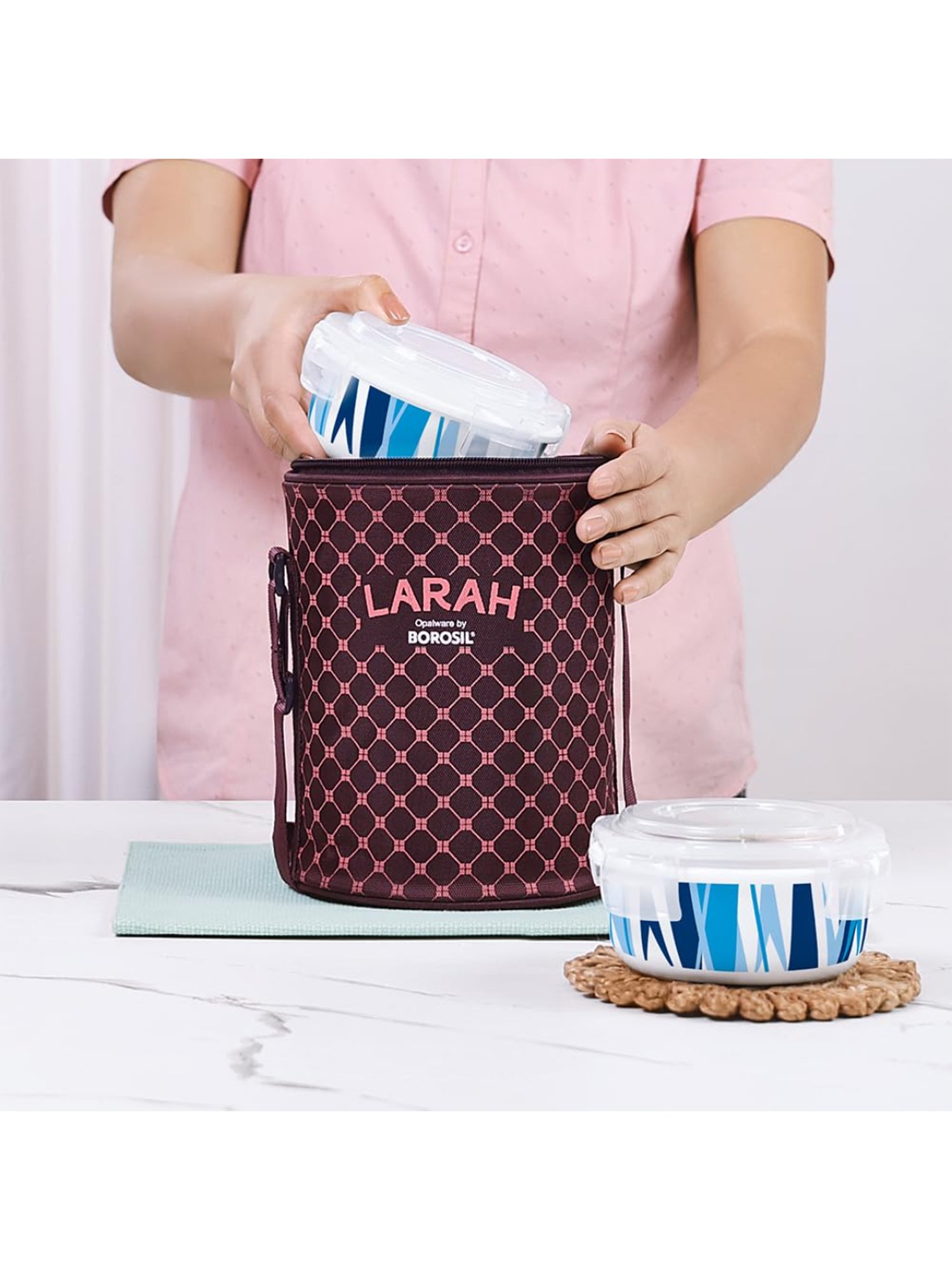 Larah by Borosil Blue Opalware Lunch Box with Lunch Bag