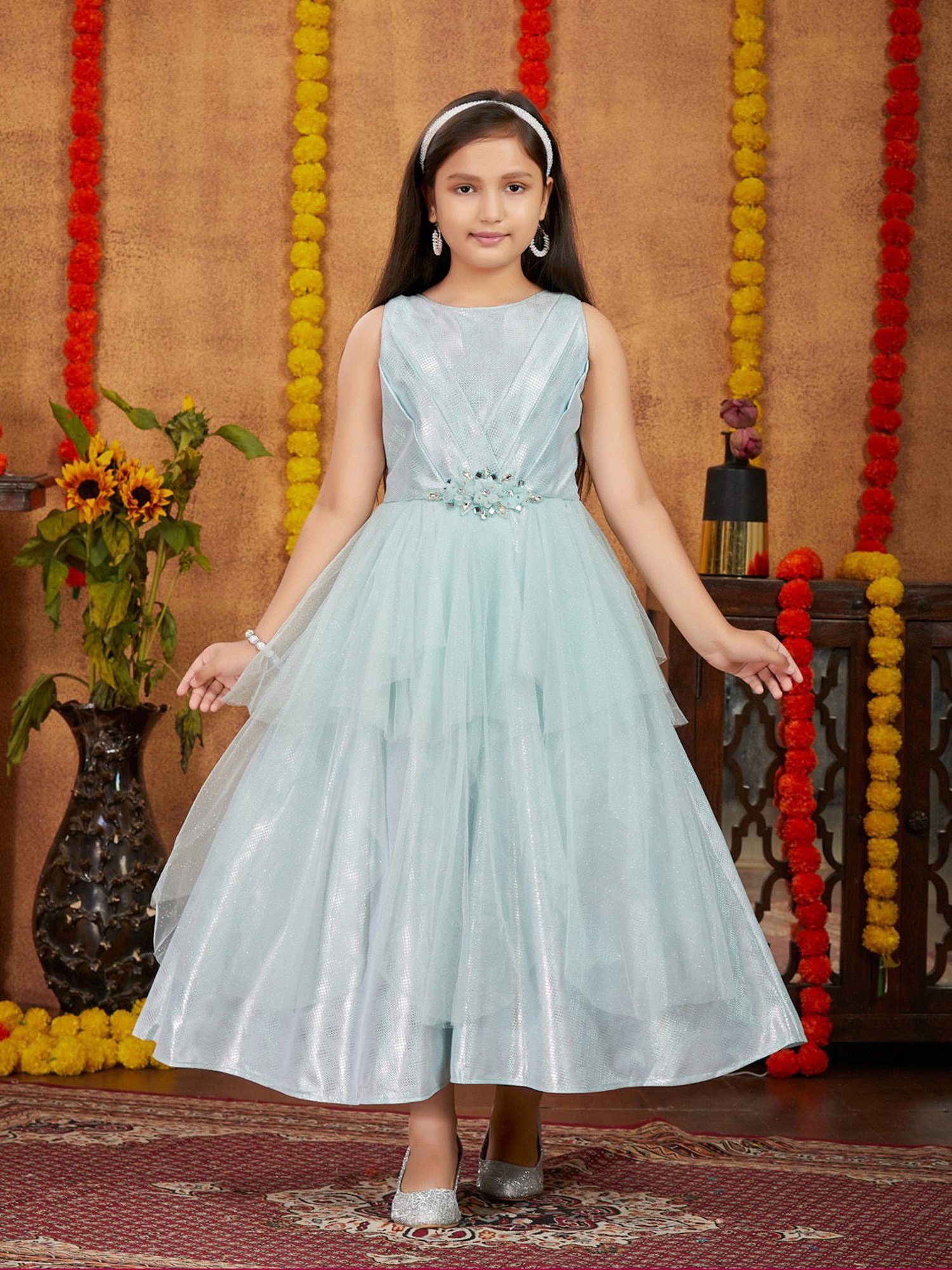 Aarika Kids Light Blue Embellished Gown with Unstitched Sleeves