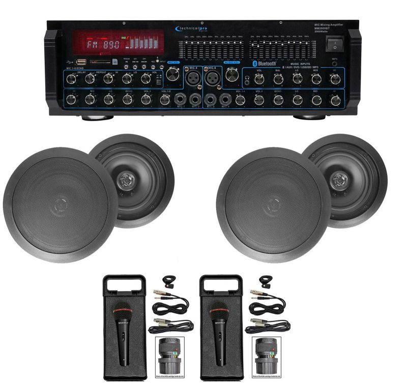 MM2000BT Bluetooth Karaoke Mixer System+(4) 6.5" Black Ceiling Speakers