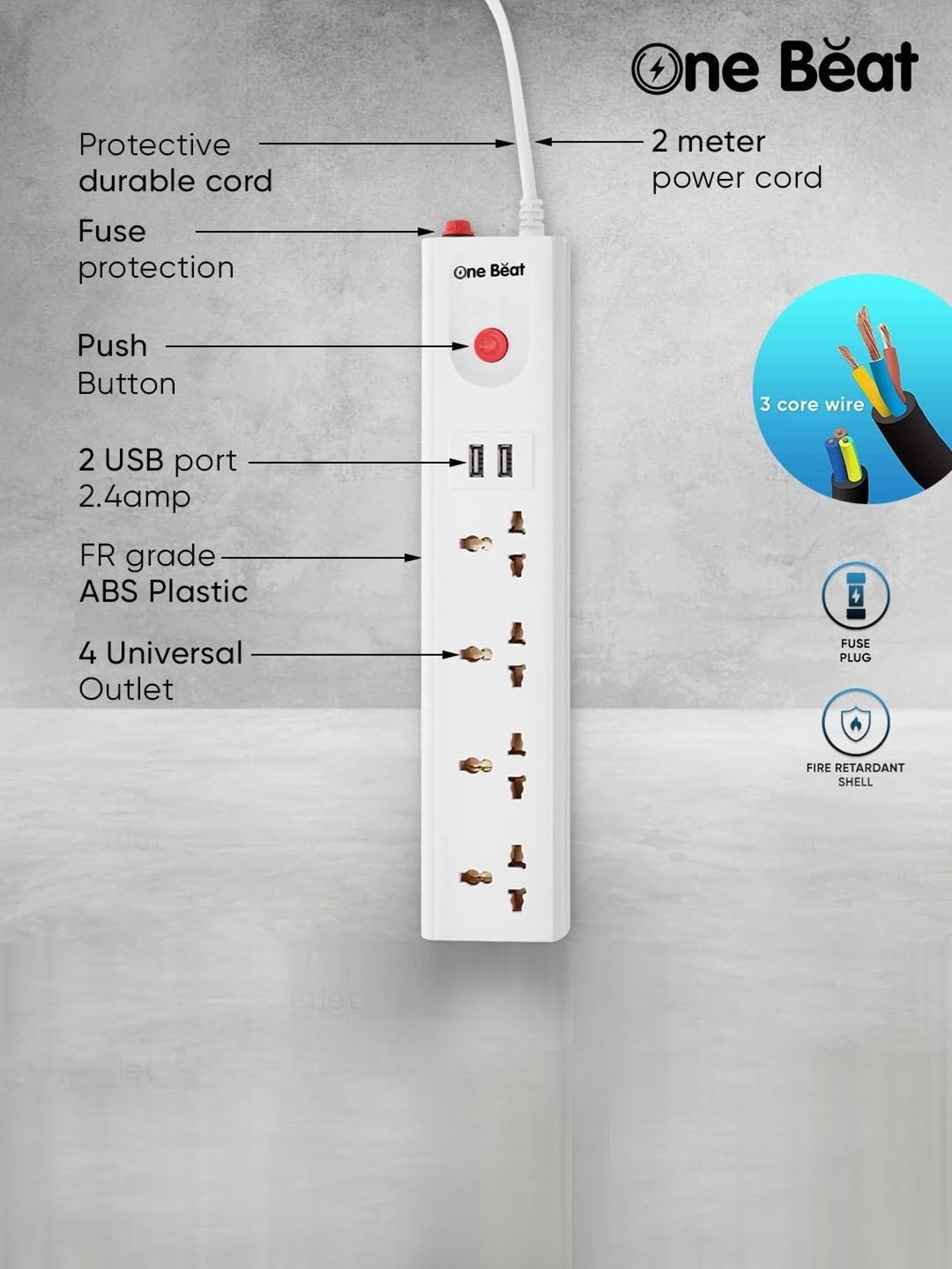 One Beat Extension 4 Universal Sockets, Power Load 10 AMP, 2 USB Port with 2 Mtr Cable (White)