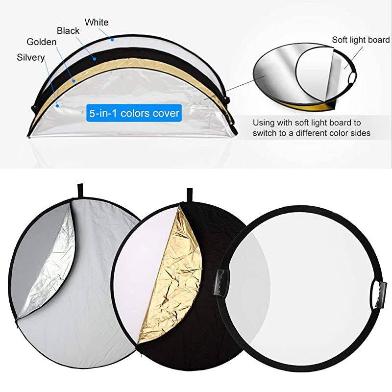 5in1 43 Inch 110cm Portable Handle Round Reflector Collapsible Multi Disc with Carrying Case for Photography Photo Studio Lighting Outdoor Lighting