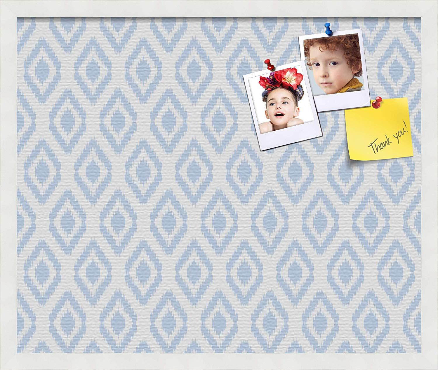PinPix custom printed pin cork bulletin board made from canvas, Ikat Light Blue 24x20 Inches (Completed Size) and framed in Satin White Frame (PinPix-Group-65)