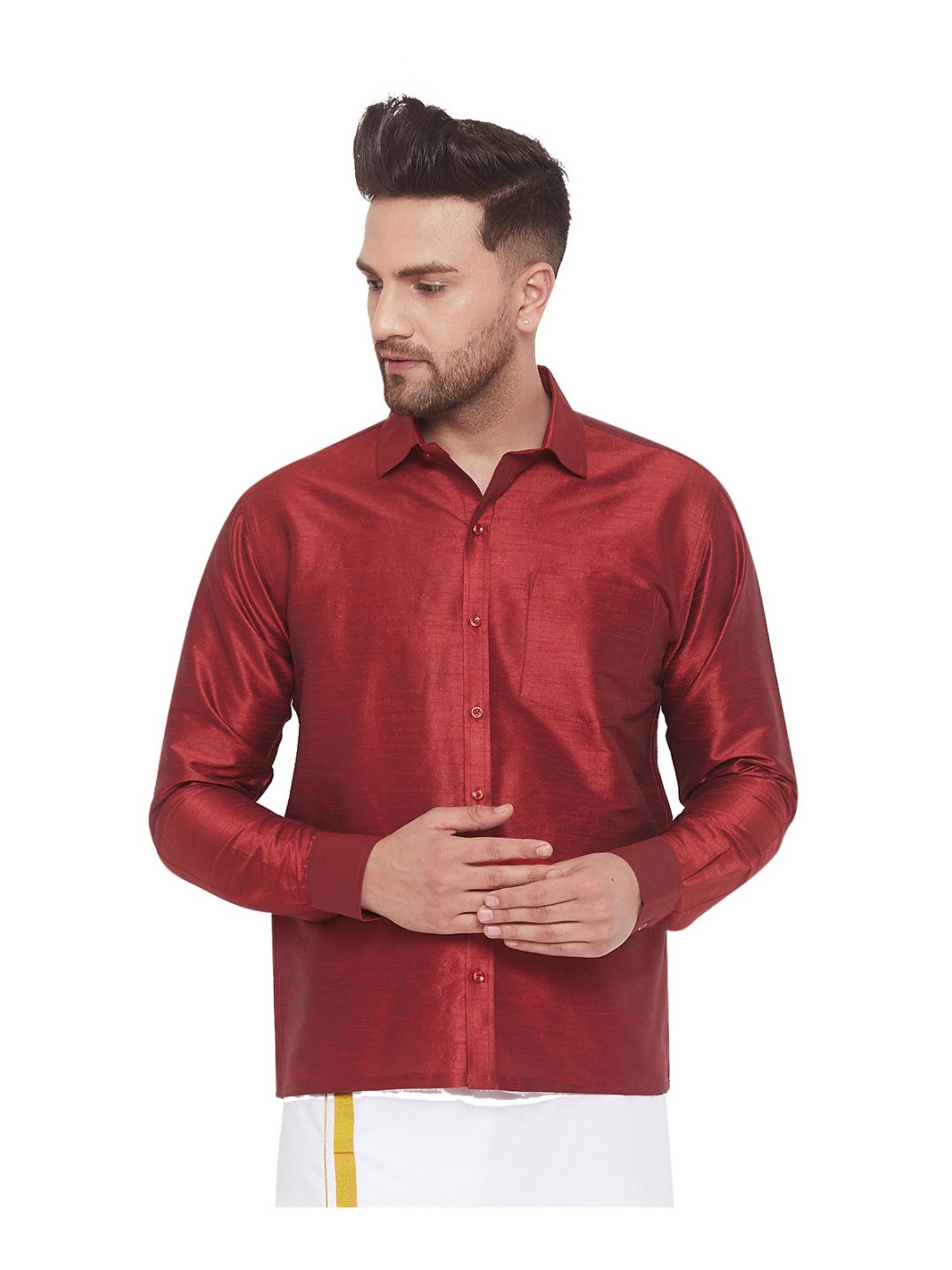 VASTRAMAY Maroon Straight Fit Self Pattern Ethnic Shirt