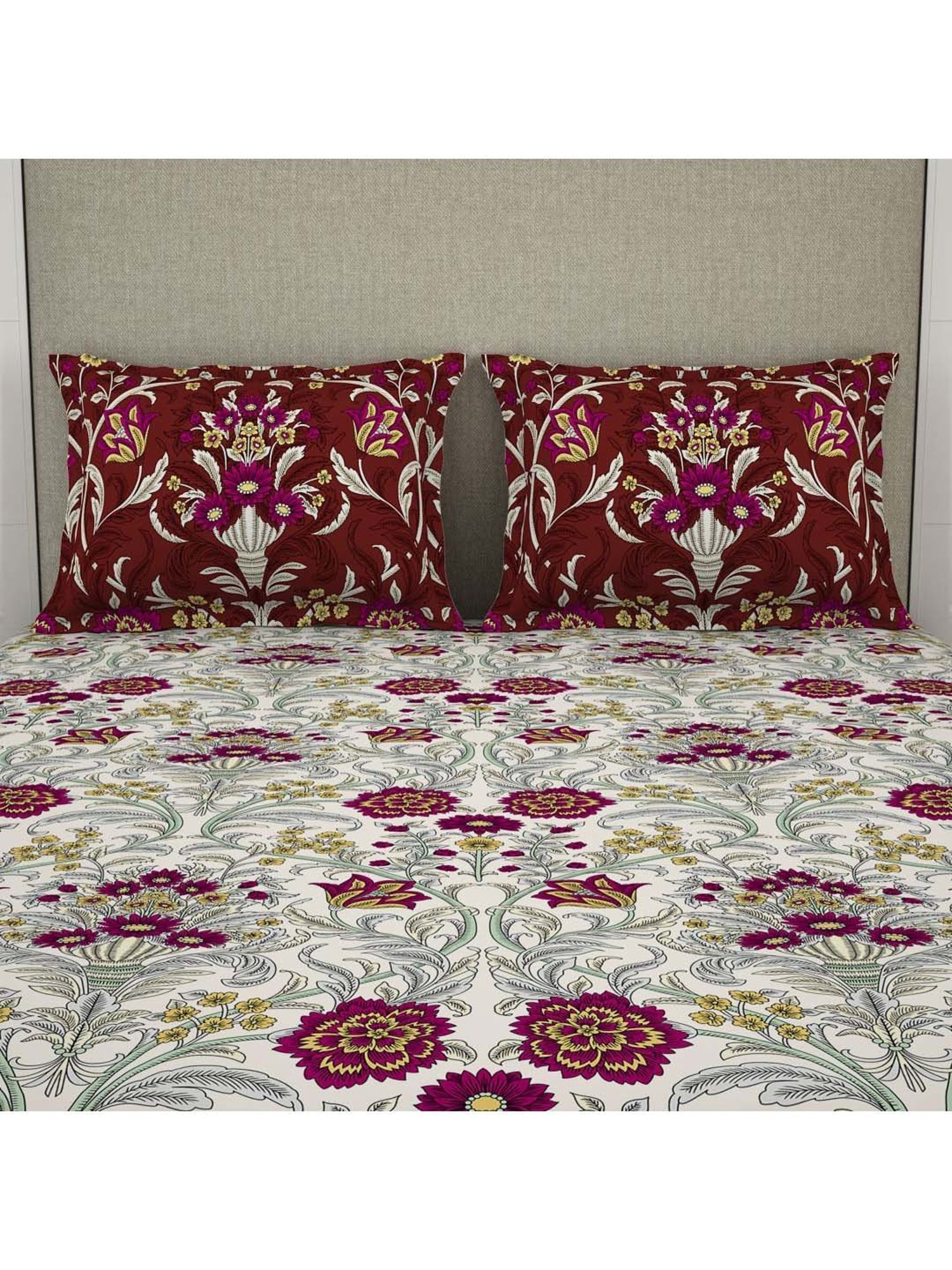 Welspun Moments Printed Blue Cotton Queen Fitted Bed Sheet with 2 Pillow Covers