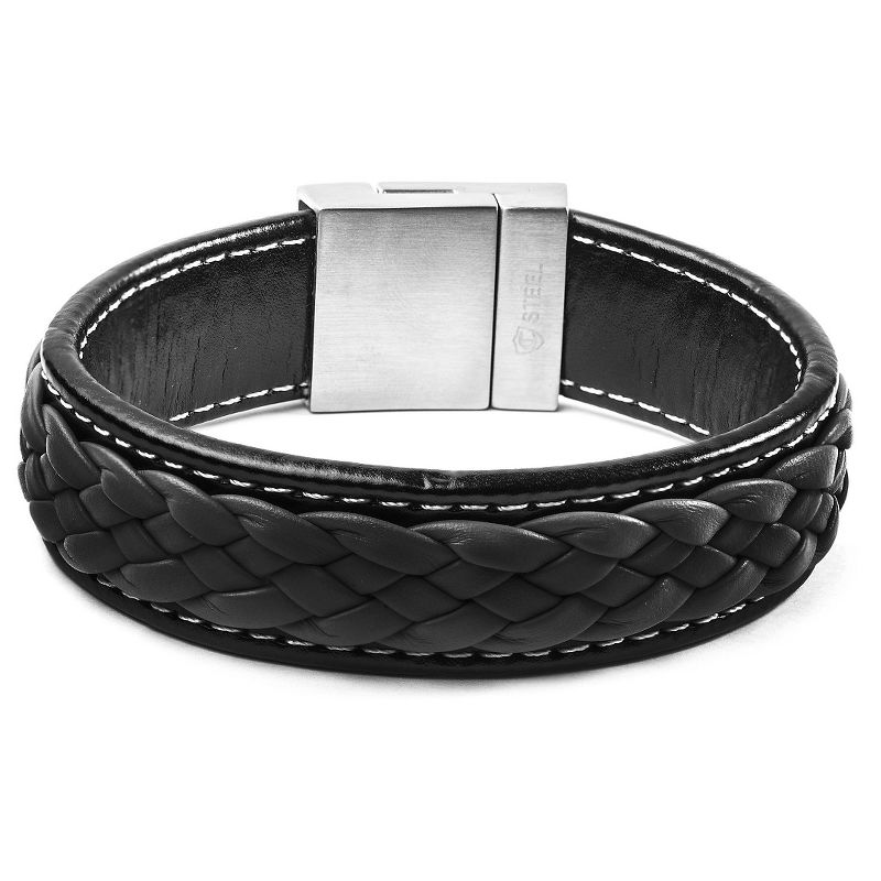 Men's Crucible Black and Charcoal Stainless Steel Braided Leather Bracelet