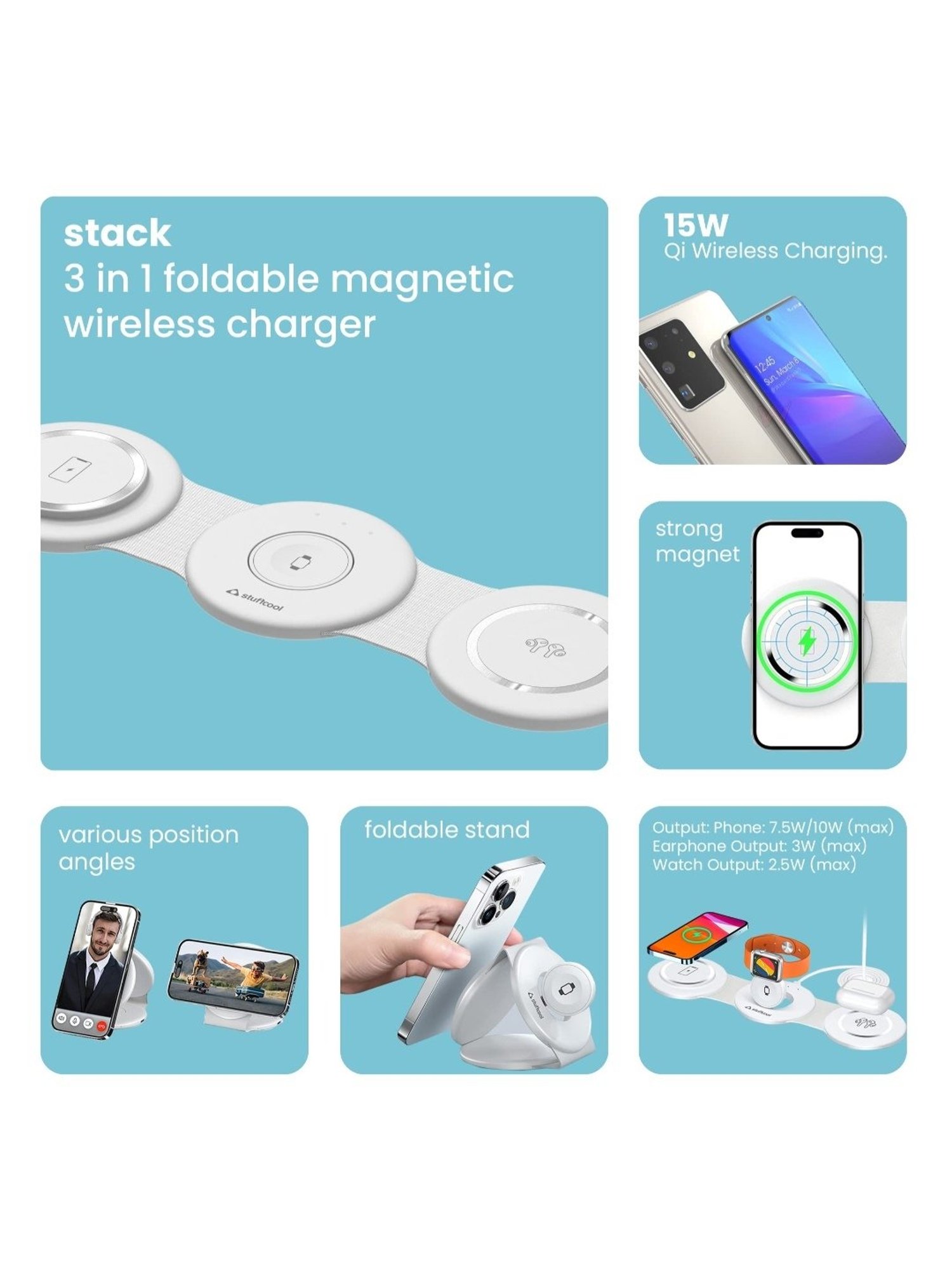 Stuffcool Stack 3 in 1 Foldable Magnetic Wireless Charging Station with 18W QC.30 (White)