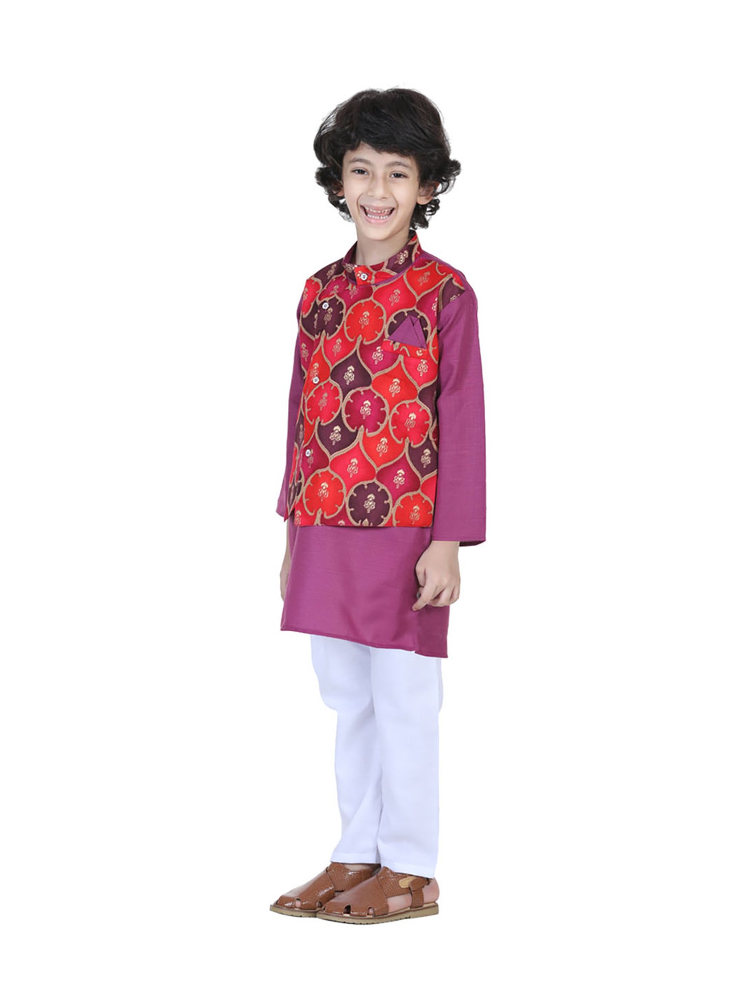 BownBee Kids Purple & White Printed Kurta, Pajama with Jacket