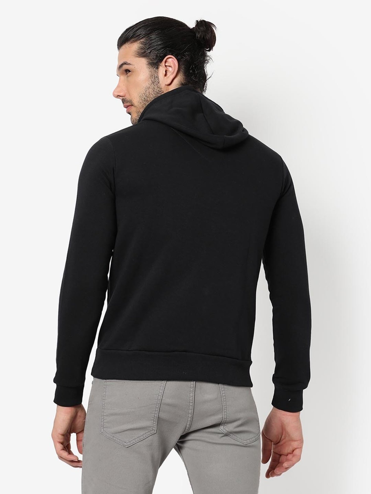 Campus Sutra Black Cotton Regular Fit Printed Hooded Sweatshirt