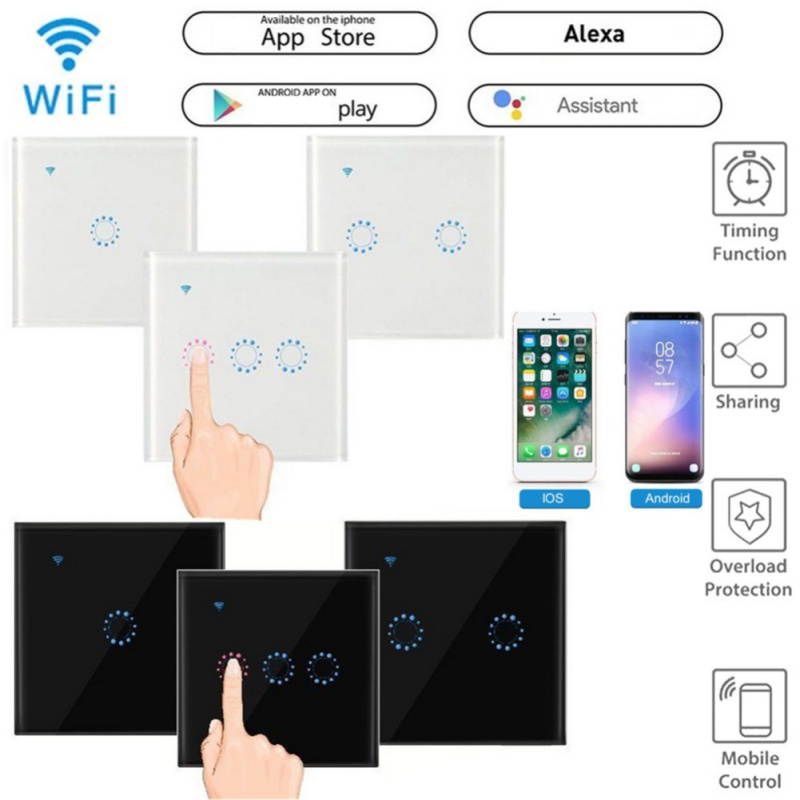 Smart Switch 3 Gang WiFi Light Switches in Tempered Glass Touch Panel by Tuya/Smart Life APP Compatibles with Alexa, Google Home and IFTTT,No Hub Required (Black)