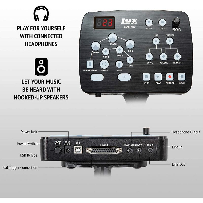 LyxJam 7-Piece Electronic Drum Kit, Professional Drum Set with Real Mesh Fabric, 209 Preloaded Sounds, 50 Play-Along Songs, Recording Capability, Cymbals & Kick Pedal, Drum Sticks And Key Included