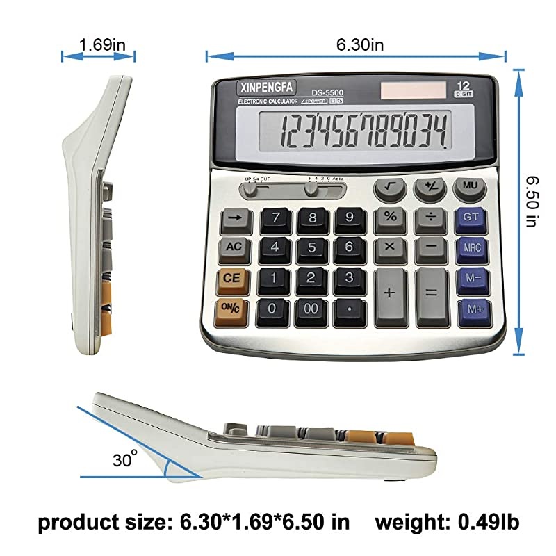 Office Calculator, Solar and Battery Dual Power, Metal Surface 12 Digit Calculators Large Display Big LCD,and Large Button