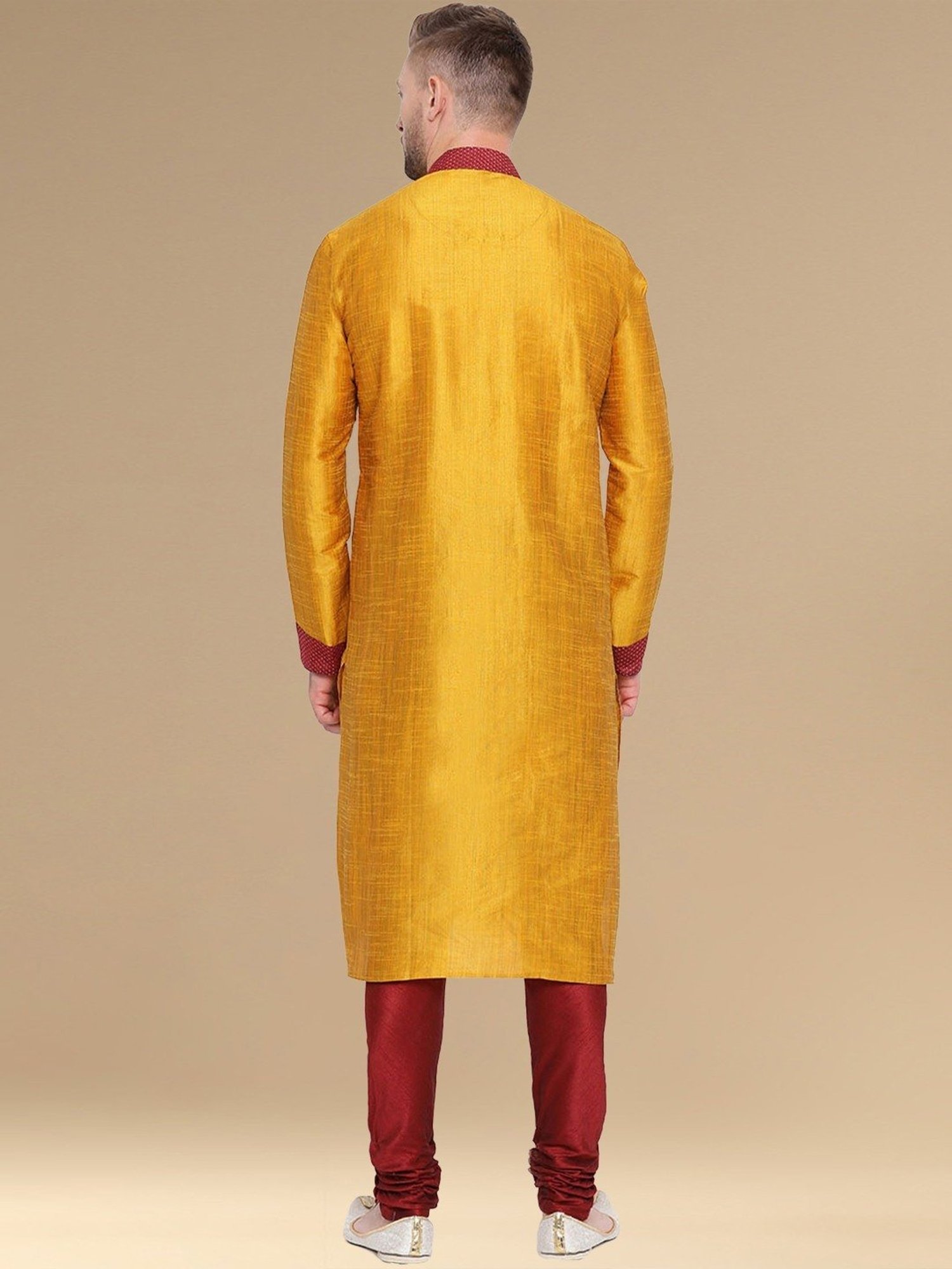 Sanwara Yellow & Red Cotton Regular Fit Texture Kurta Bottom Set